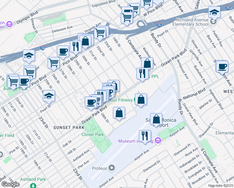 map of restaurants, bars, coffee shops, grocery stores, and more near 2666 31st Street in Santa Monica