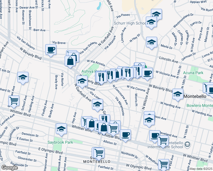 map of restaurants, bars, coffee shops, grocery stores, and more near 2517 West Beverly Boulevard in Montebello