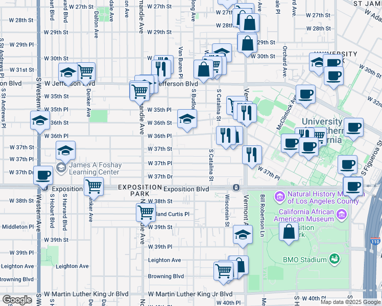 map of restaurants, bars, coffee shops, grocery stores, and more near 1248 1/2 West 37th Place in Los Angeles