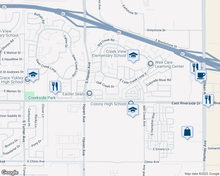 map of restaurants, bars, coffee shops, grocery stores, and more near 3669A Country Oaks Loop in Ontario