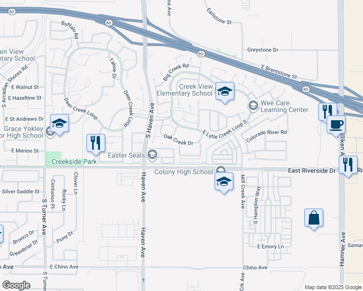 map of restaurants, bars, coffee shops, grocery stores, and more near 2926 South Tuolumne Place in Ontario