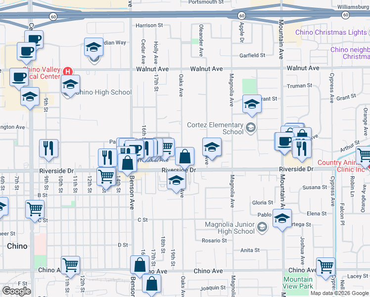 map of restaurants, bars, coffee shops, grocery stores, and more near 12850 Oaks Avenue in Chino