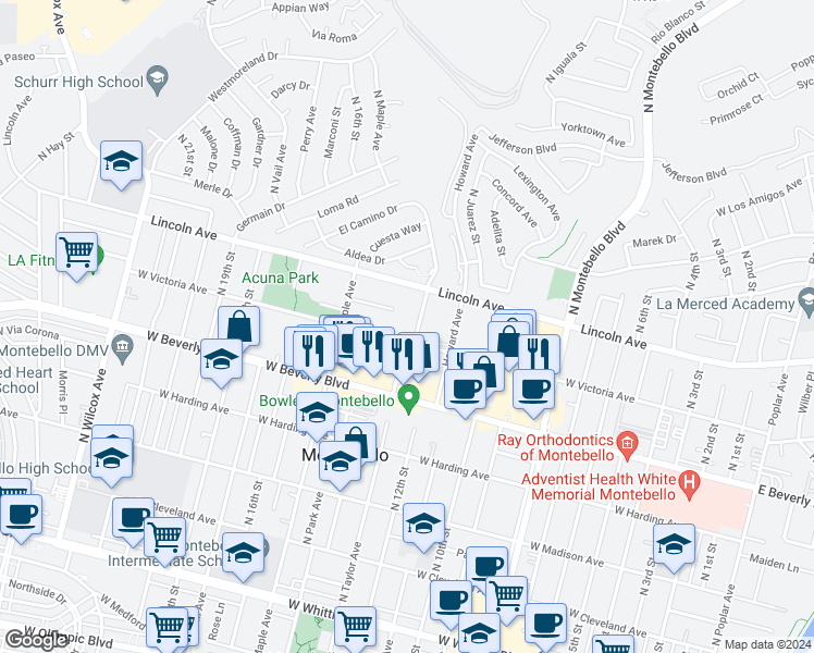 map of restaurants, bars, coffee shops, grocery stores, and more near 545 North Taylor Avenue in Montebello