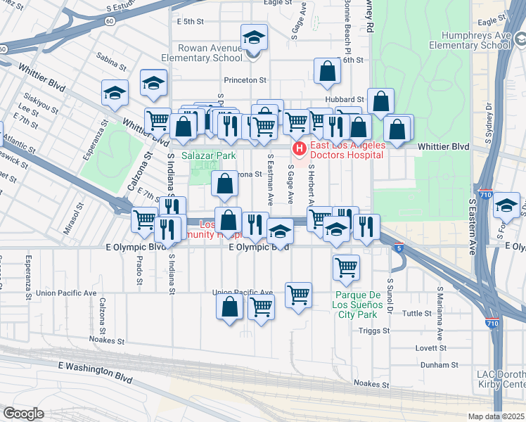 map of restaurants, bars, coffee shops, grocery stores, and more near 1141 South Eastman Avenue in Los Angeles