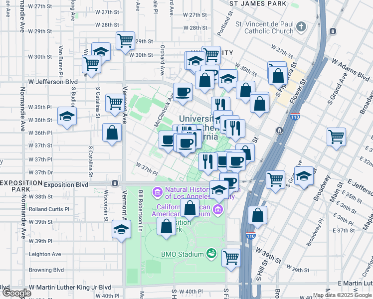 map of restaurants, bars, coffee shops, grocery stores, and more near 3607 Trousdale Parkway in Los Angeles