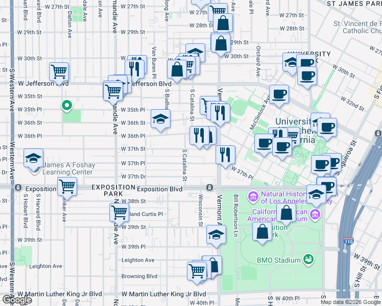 map of restaurants, bars, coffee shops, grocery stores, and more near 1205 West 37th Place in Los Angeles