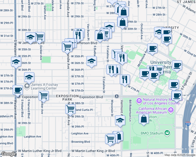 map of restaurants, bars, coffee shops, grocery stores, and more near 1248 1/2 West 37th Place in Los Angeles