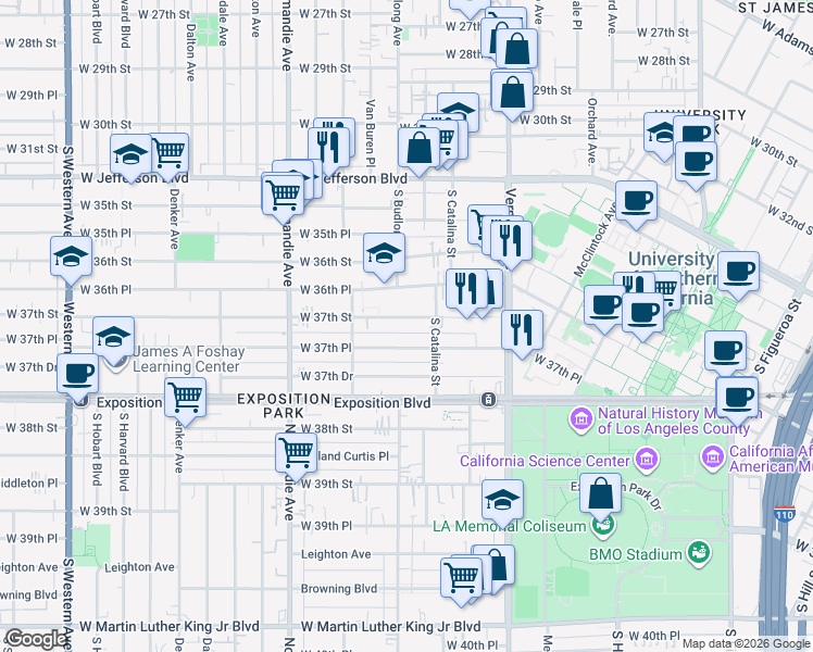 map of restaurants, bars, coffee shops, grocery stores, and more near 1248 1/2 West 37th Place in Los Angeles