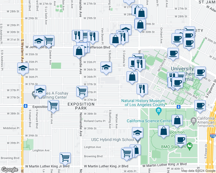 map of restaurants, bars, coffee shops, grocery stores, and more near 1248 1/2 West 37th Place in Los Angeles
