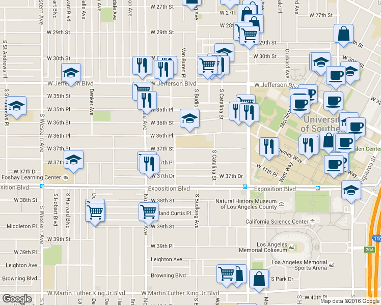 map of restaurants, bars, coffee shops, grocery stores, and more near 1248 1/2 West 37th Place in Los Angeles