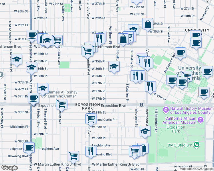 map of restaurants, bars, coffee shops, grocery stores, and more near 1299 West 37th Place in Los Angeles
