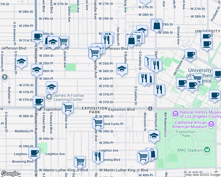 map of restaurants, bars, coffee shops, grocery stores, and more near 1299 West 37th Place in Los Angeles