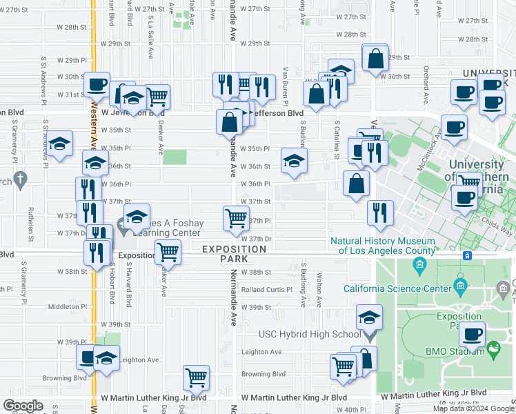 map of restaurants, bars, coffee shops, grocery stores, and more near 1348 West 37th Place in Los Angeles