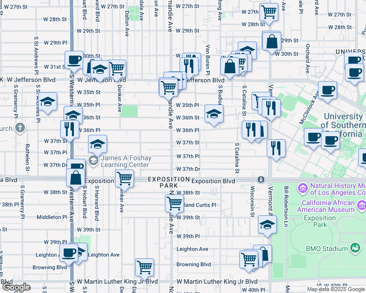 map of restaurants, bars, coffee shops, grocery stores, and more near 1348 West 37th Place in Los Angeles