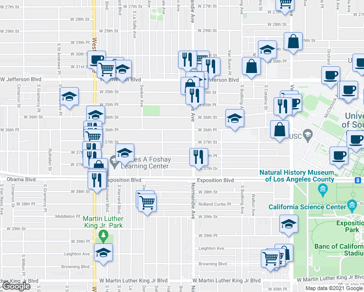 map of restaurants, bars, coffee shops, grocery stores, and more near 1408 West 37th Place in Los Angeles