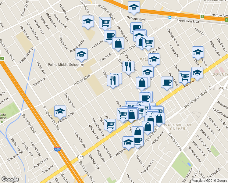 map of restaurants, bars, coffee shops, grocery stores, and more near 3652 Westwood Boulevard in Los Angeles