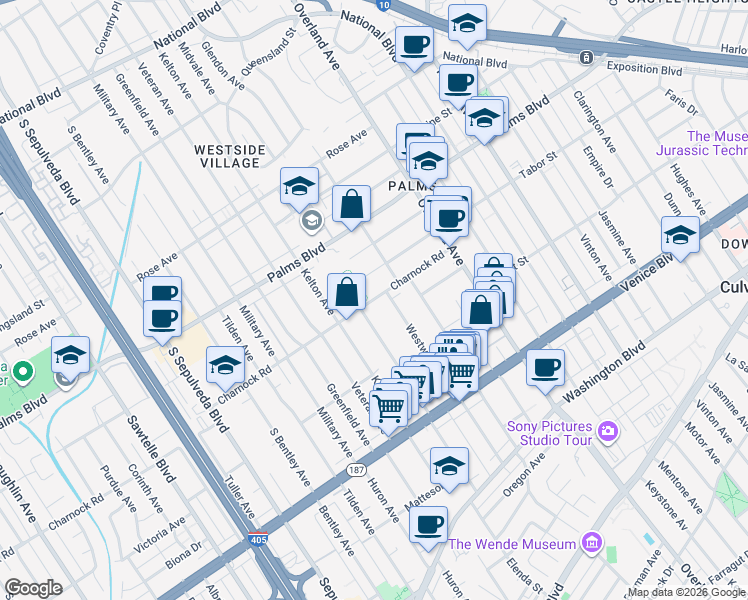 map of restaurants, bars, coffee shops, grocery stores, and more near 3624 Midvale Avenue in Los Angeles