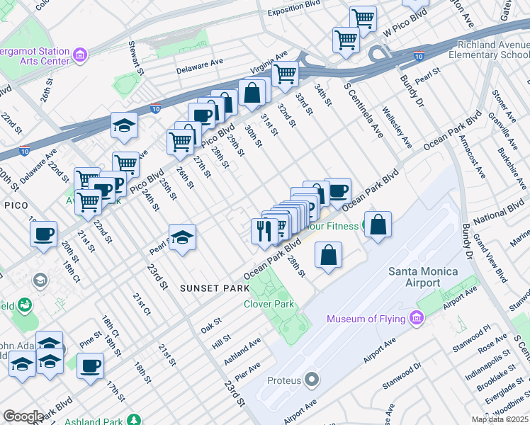 map of restaurants, bars, coffee shops, grocery stores, and more near 2615 28th Street in Santa Monica