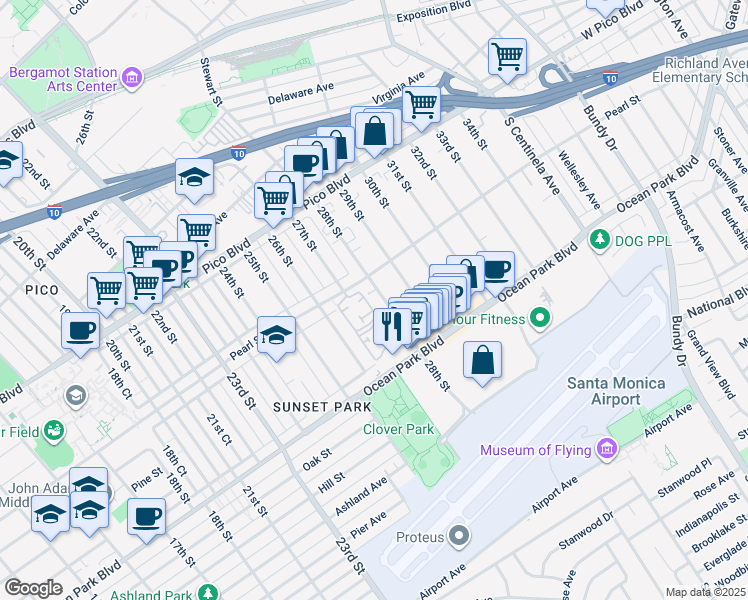 map of restaurants, bars, coffee shops, grocery stores, and more near 17 Village Parkway in Santa Monica