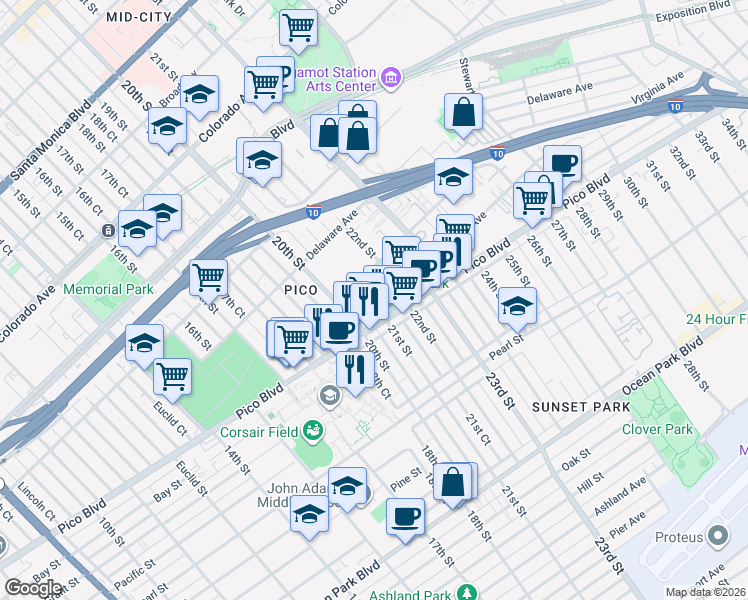 map of restaurants, bars, coffee shops, grocery stores, and more near 2029 Pico Boulevard in Santa Monica