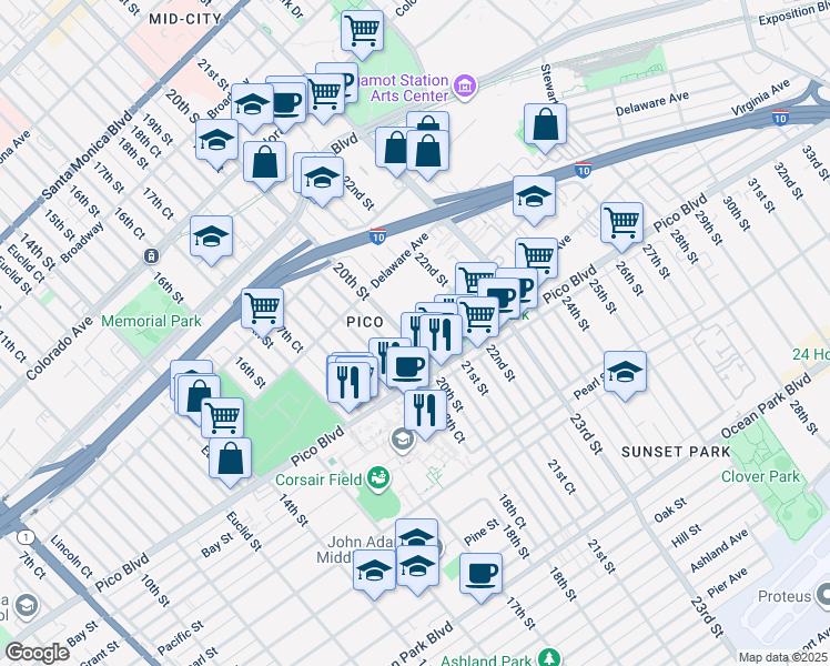 map of restaurants, bars, coffee shops, grocery stores, and more near 2029 20th Street in Santa Monica