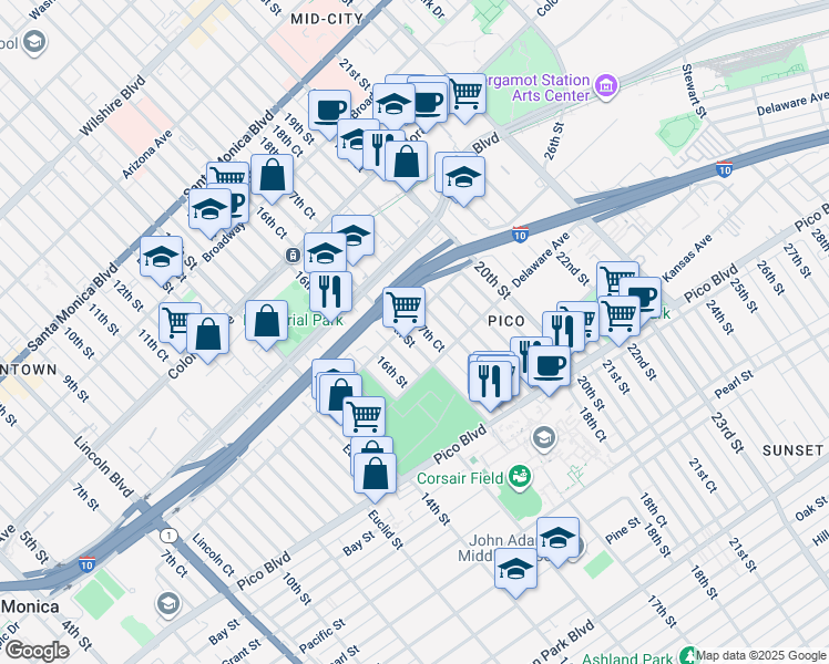 map of restaurants, bars, coffee shops, grocery stores, and more near 1824 17th Street in Santa Monica
