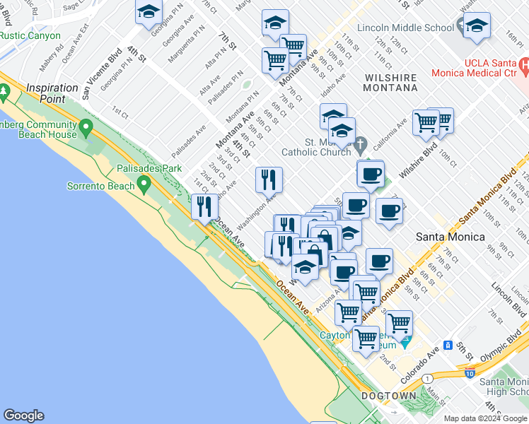 map of restaurants, bars, coffee shops, grocery stores, and more near 1017 2nd Street in Santa Monica