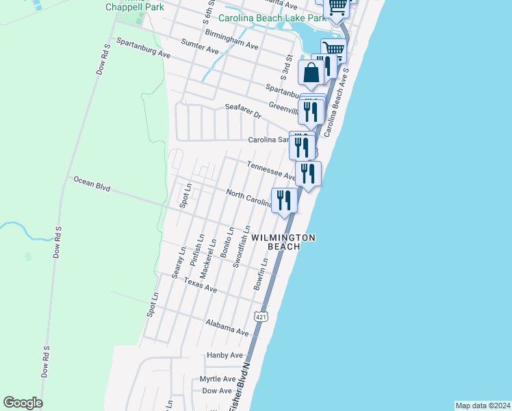 map of restaurants, bars, coffee shops, grocery stores, and more near 1316 Swordfish Lane in Carolina Beach