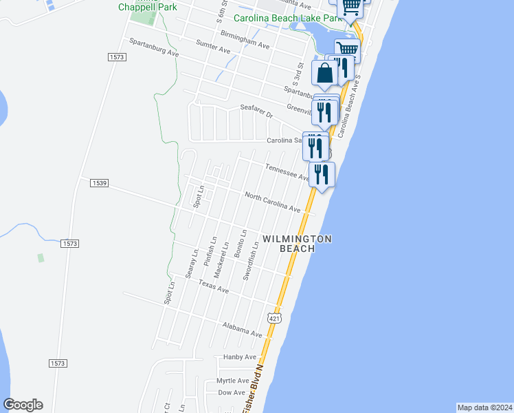 map of restaurants, bars, coffee shops, grocery stores, and more near 1316 Swordfish Lane in Carolina Beach
