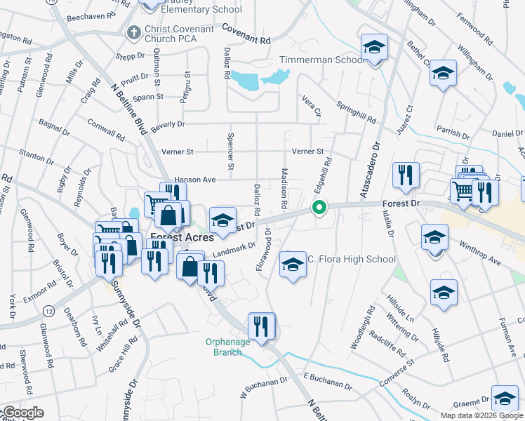 map of restaurants, bars, coffee shops, grocery stores, and more near 1608 Dalloz Road in Columbia