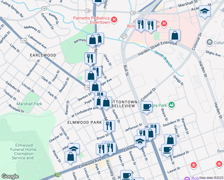 map of restaurants, bars, coffee shops, grocery stores, and more near 1300 Summerville Avenue in Columbia