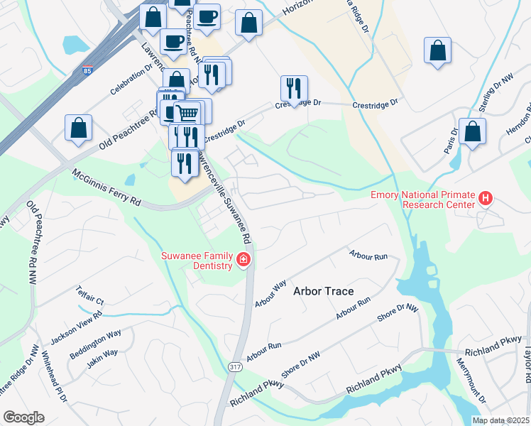 map of restaurants, bars, coffee shops, grocery stores, and more near 2478 Brynfield Cove in Suwanee
