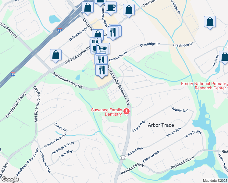 map of restaurants, bars, coffee shops, grocery stores, and more near 387 Danville Avenue in Suwanee