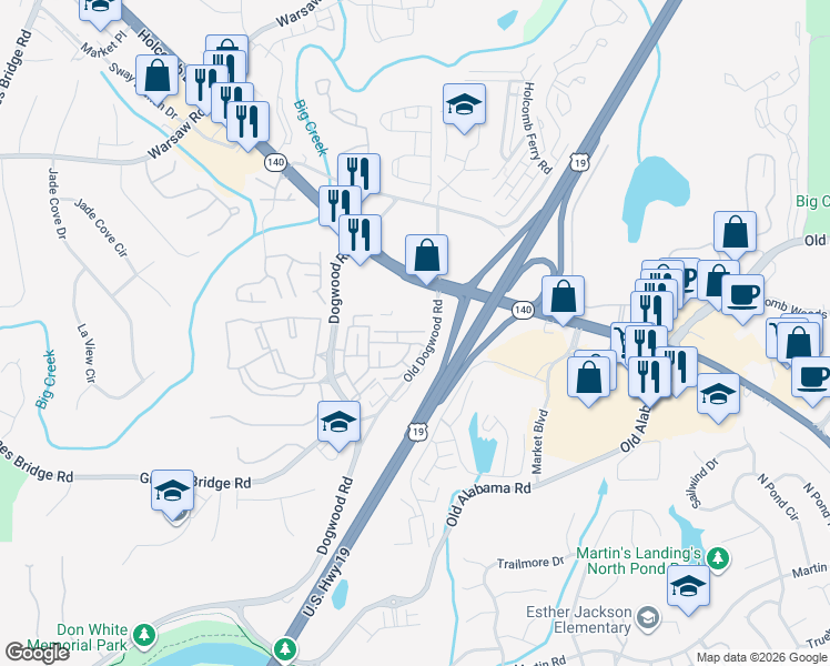 map of restaurants, bars, coffee shops, grocery stores, and more near 2034 Heathermere Way in Roswell
