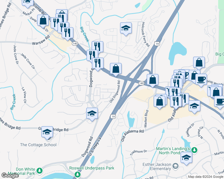 map of restaurants, bars, coffee shops, grocery stores, and more near 3014 Heatherton Park Way in Roswell