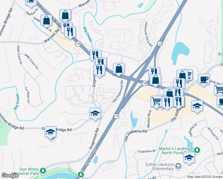 map of restaurants, bars, coffee shops, grocery stores, and more near 2048 Heathermere Way in Roswell