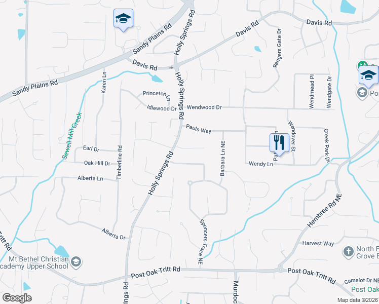 map of restaurants, bars, coffee shops, grocery stores, and more near 2889 Saint Andrews Way Northeast in Marietta