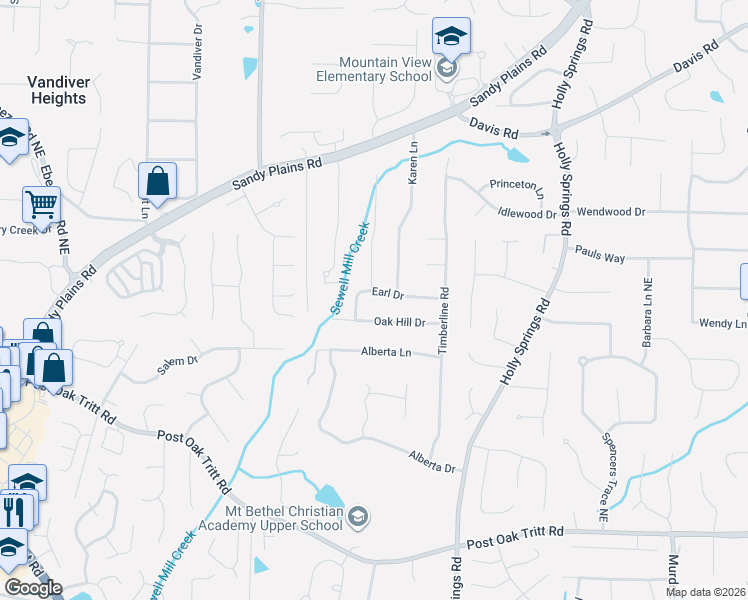 map of restaurants, bars, coffee shops, grocery stores, and more near 2589 Oak Hill Drive in Marietta