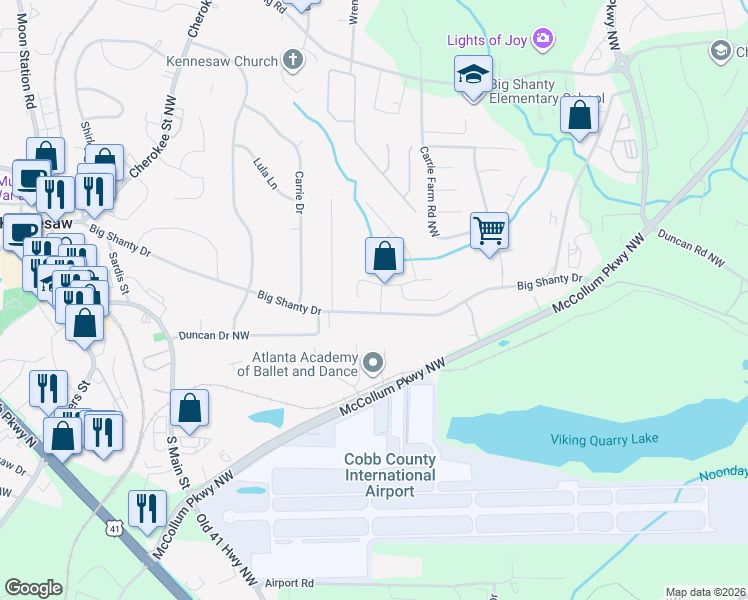 map of restaurants, bars, coffee shops, grocery stores, and more near 2753 Ivey Park Drive in Kennesaw