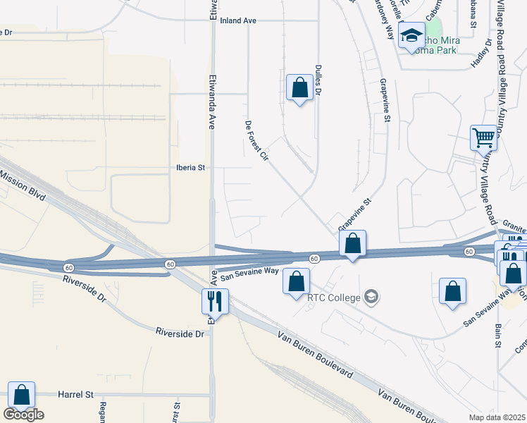 map of restaurants, bars, coffee shops, grocery stores, and more near 10891 Windsor Place in Jurupa Valley