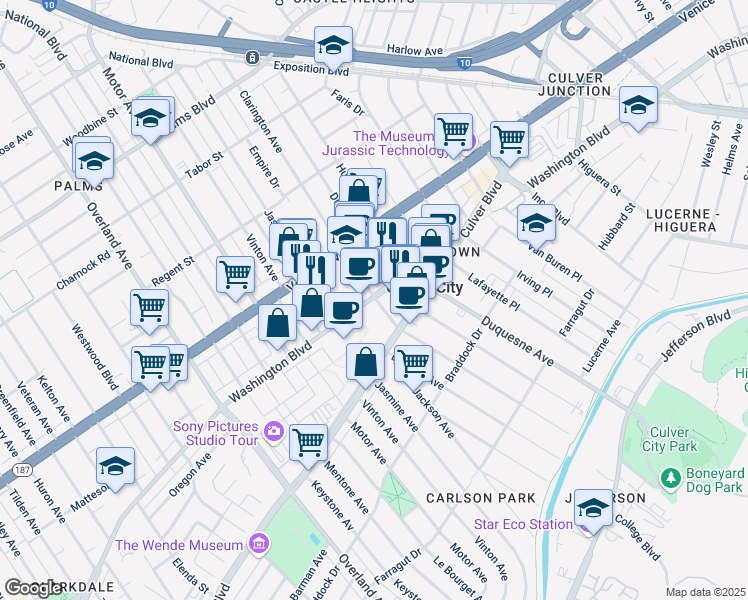 map of restaurants, bars, coffee shops, grocery stores, and more near 10202 West Washington Boulevard in Culver City