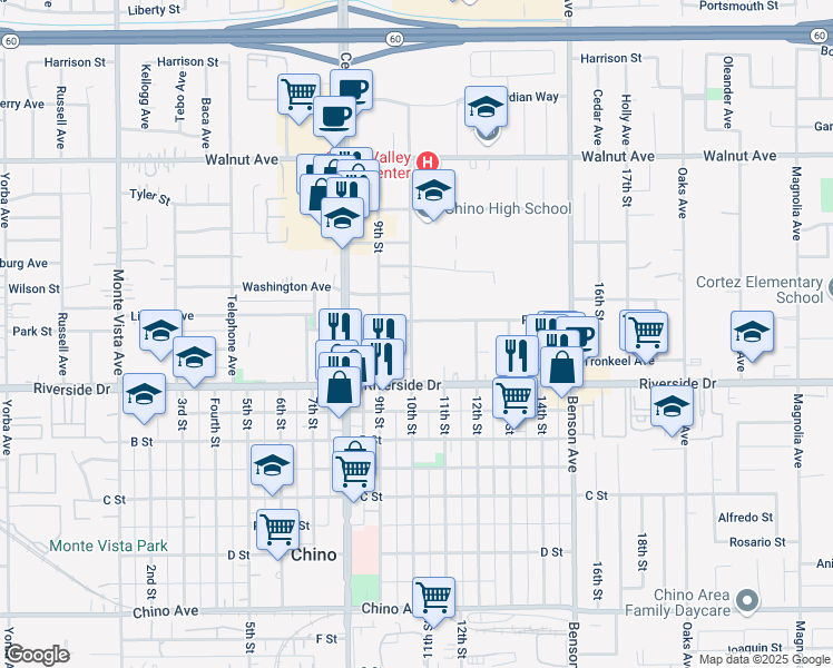 map of restaurants, bars, coffee shops, grocery stores, and more near 12850 10th Street in Chino
