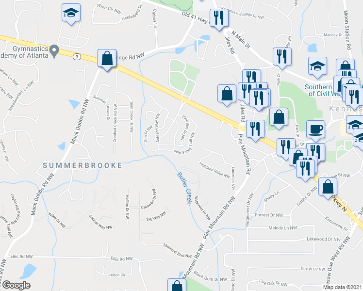 map of restaurants, bars, coffee shops, grocery stores, and more near 5 Hickory Knoll Trail Northwest in Kennesaw