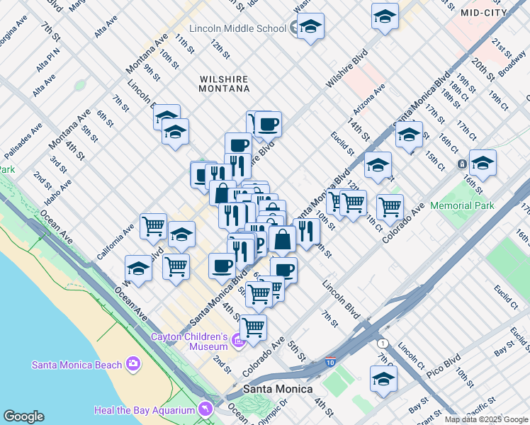 map of restaurants, bars, coffee shops, grocery stores, and more near 1334 Lincoln Boulevard in Santa Monica
