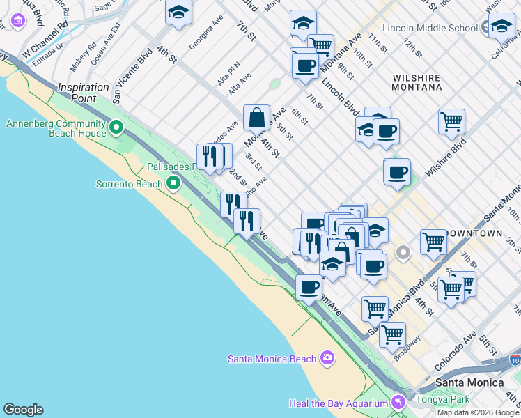 map of restaurants, bars, coffee shops, grocery stores, and more near 951 Ocean Avenue in Santa Monica