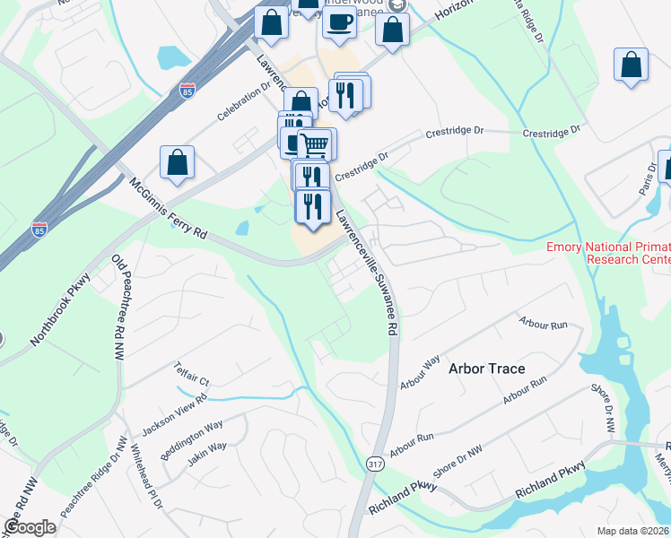 map of restaurants, bars, coffee shops, grocery stores, and more near 2566 Lawrenceville Suwanee Rd in Suwanee