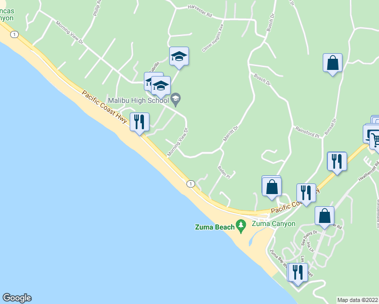 map of restaurants, bars, coffee shops, grocery stores, and more near 6417 Merritt Drive in Malibu
