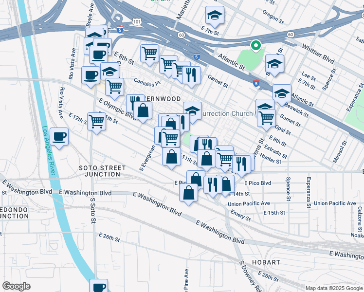 map of restaurants, bars, coffee shops, grocery stores, and more near 3113B East 11th Street in Los Angeles