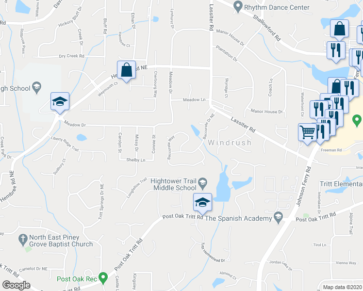 map of restaurants, bars, coffee shops, grocery stores, and more near 3704 Baccurate Way in Marietta