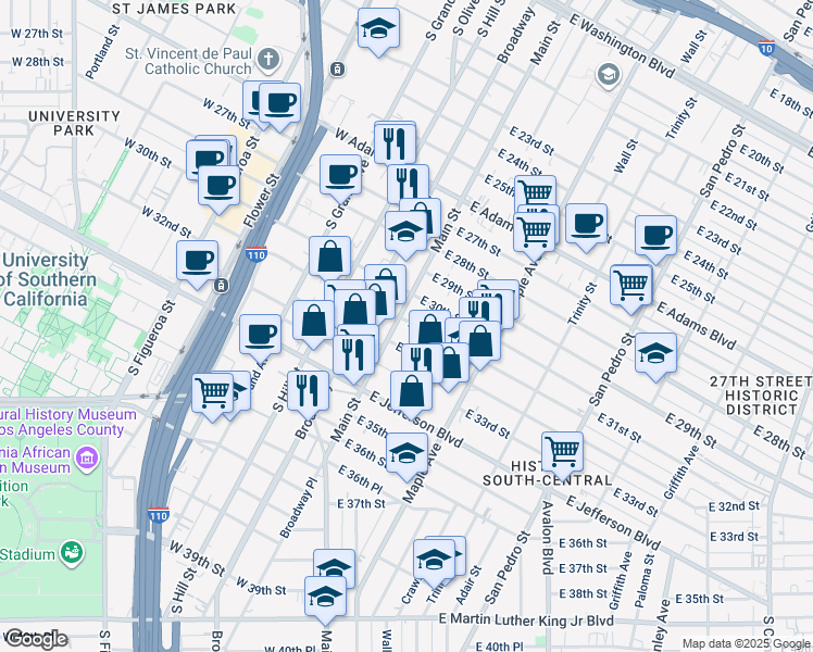 map of restaurants, bars, coffee shops, grocery stores, and more near 125 East 32nd Street in Los Angeles